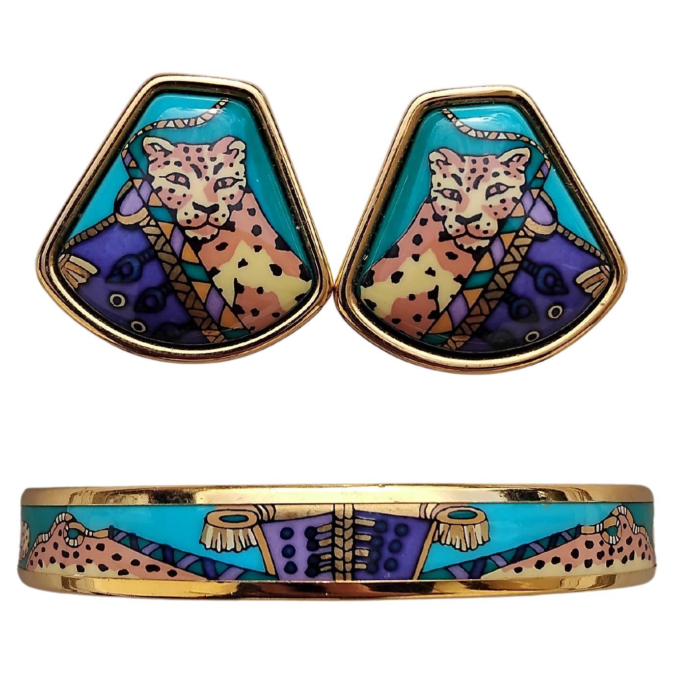 Hermès Bracciale Orecchini Abbinati Set Ghepardo Circo Smalto Ghw in vendita 13