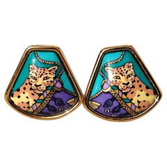 Hermès Matching Bracelet Earrings Set Cheetah Circus Enamel Ghw