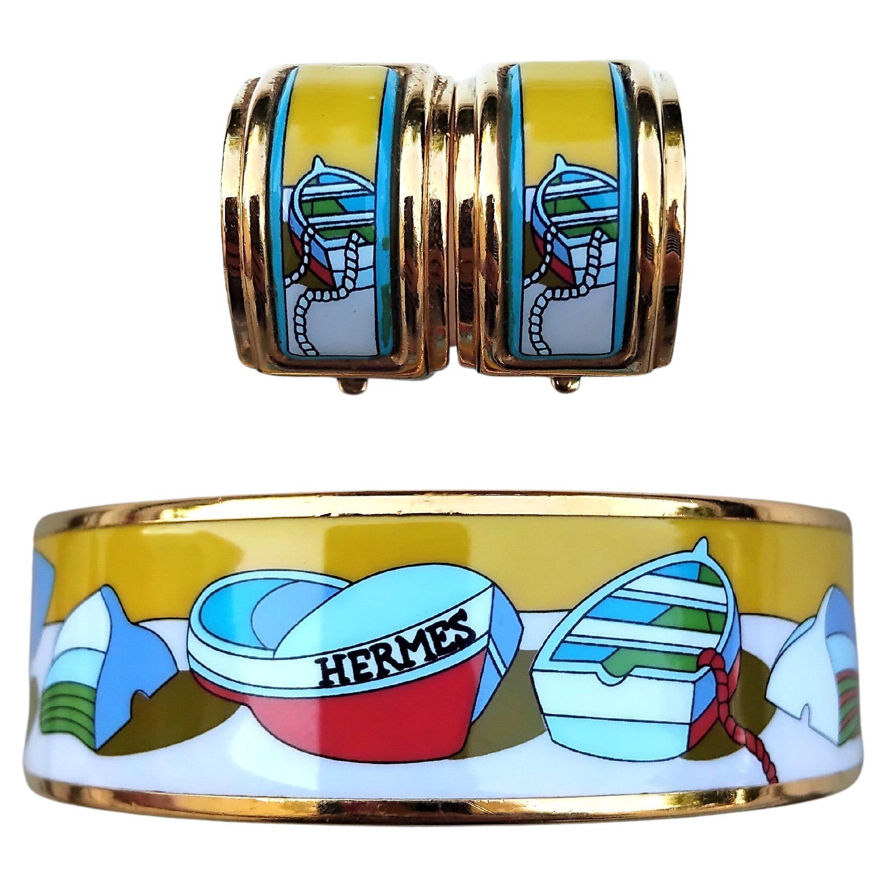 Hermès Matching Set Enamel Bracelet Earrings Thalassa Boat 70 Ghw For Sale 15