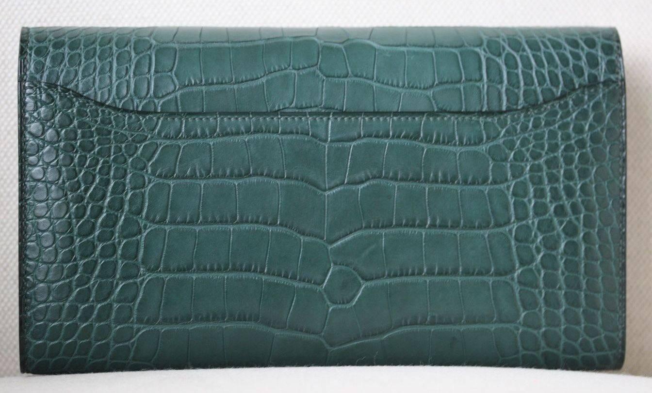 Gray Hermès Matte Croc Constance Long Palladium Hardware Wallet 