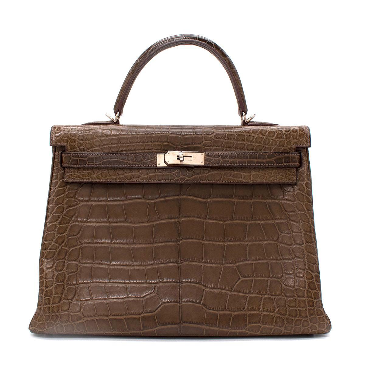 Arancia Hermes Matte Gris Elephante Alligator Kelly Retourne 35 PHW - Set completo in vendita