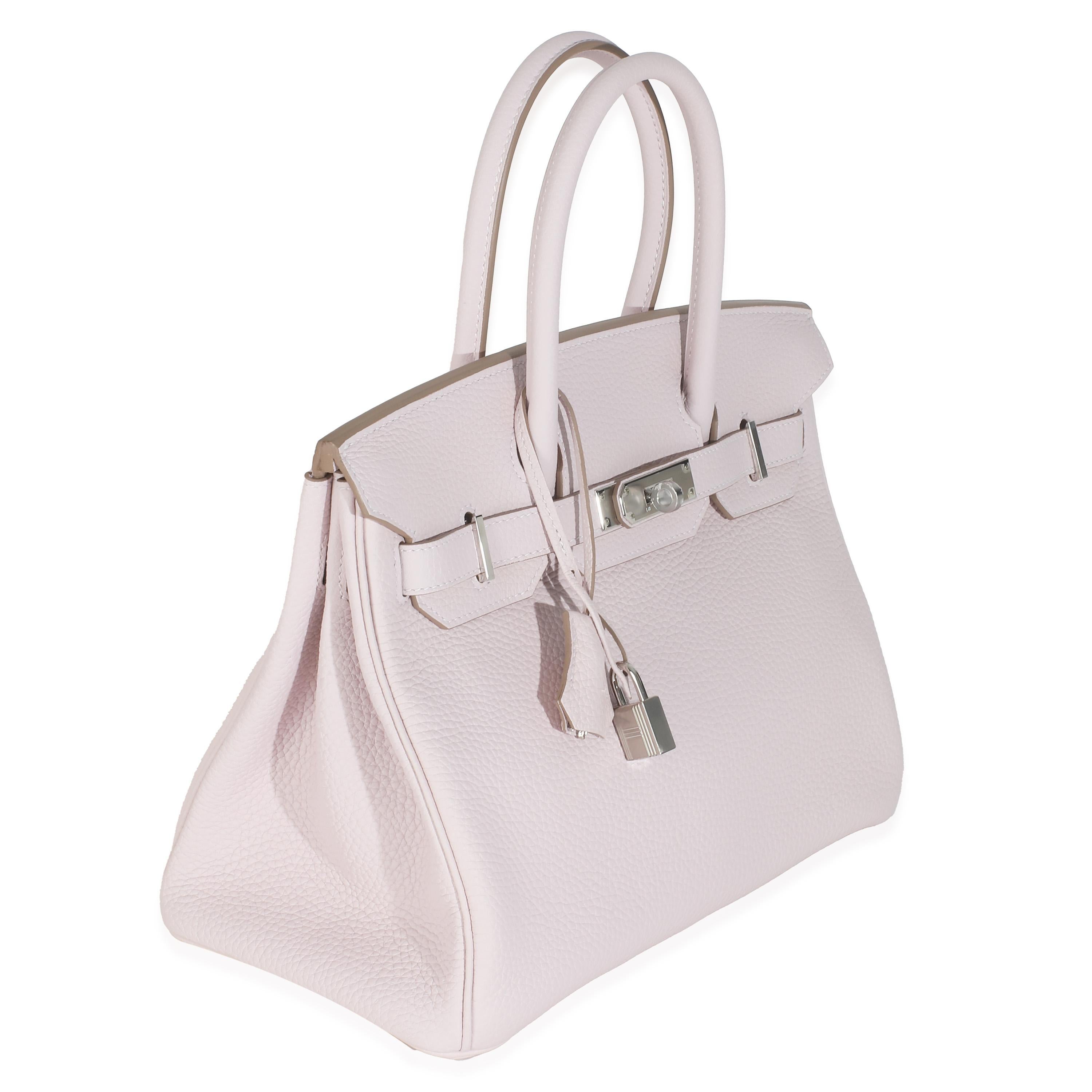 Listing Title: Hermès Mauve Pale Togo Birkin 30 PHW
SKU: M146163
Condition: Pre-owned 
Condition Description: The elusive Birkin bag from Hermès was designed after then-artistic director, Jean-Louis Dumas, was sat next to Jane Birkin on a flight