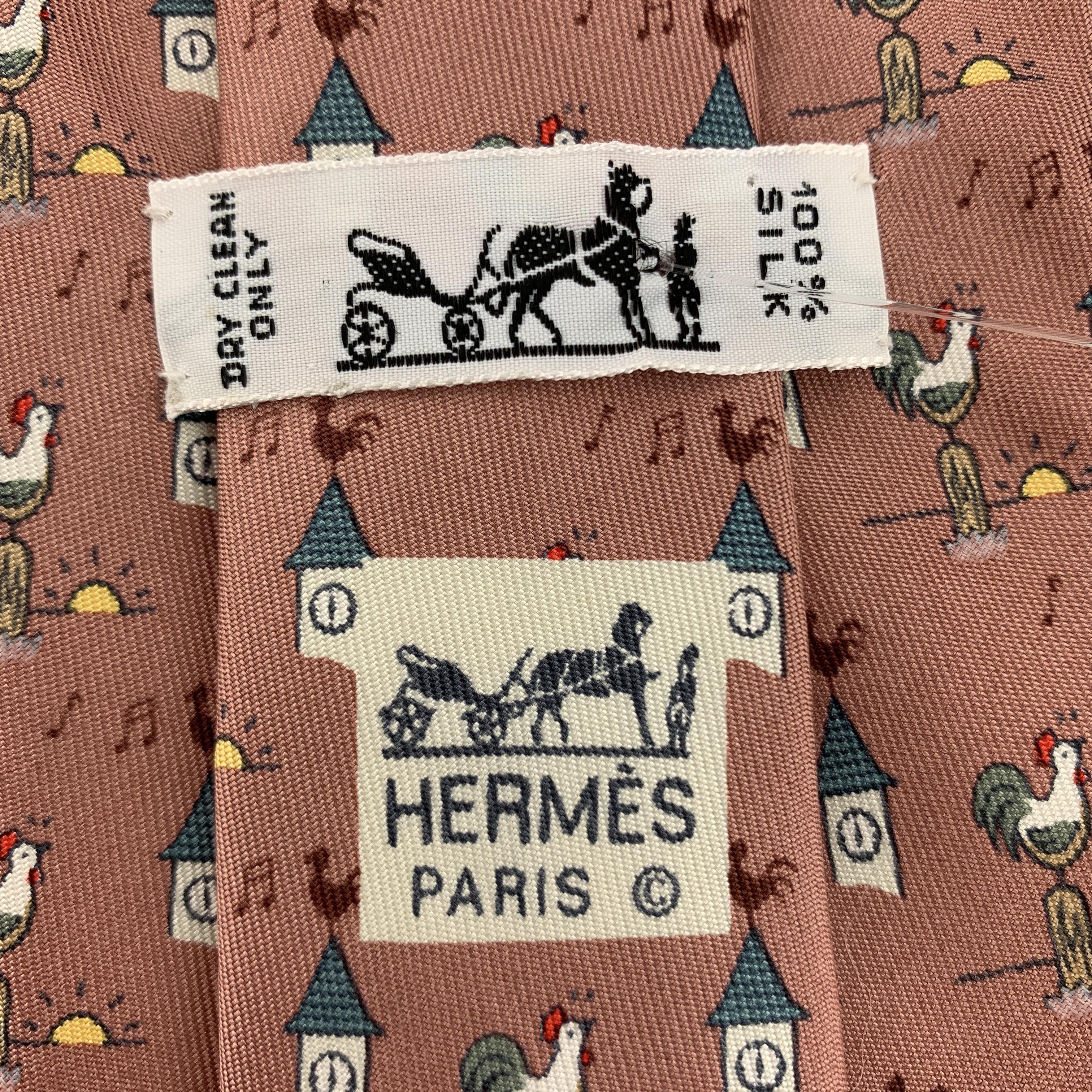 Purple HERMES Mauve Pink Silk Sunrise Rooster Print Tie
