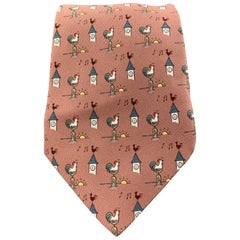 Vintage HERMES Mauve Pink Silk Sunrise Rooster Print Tie