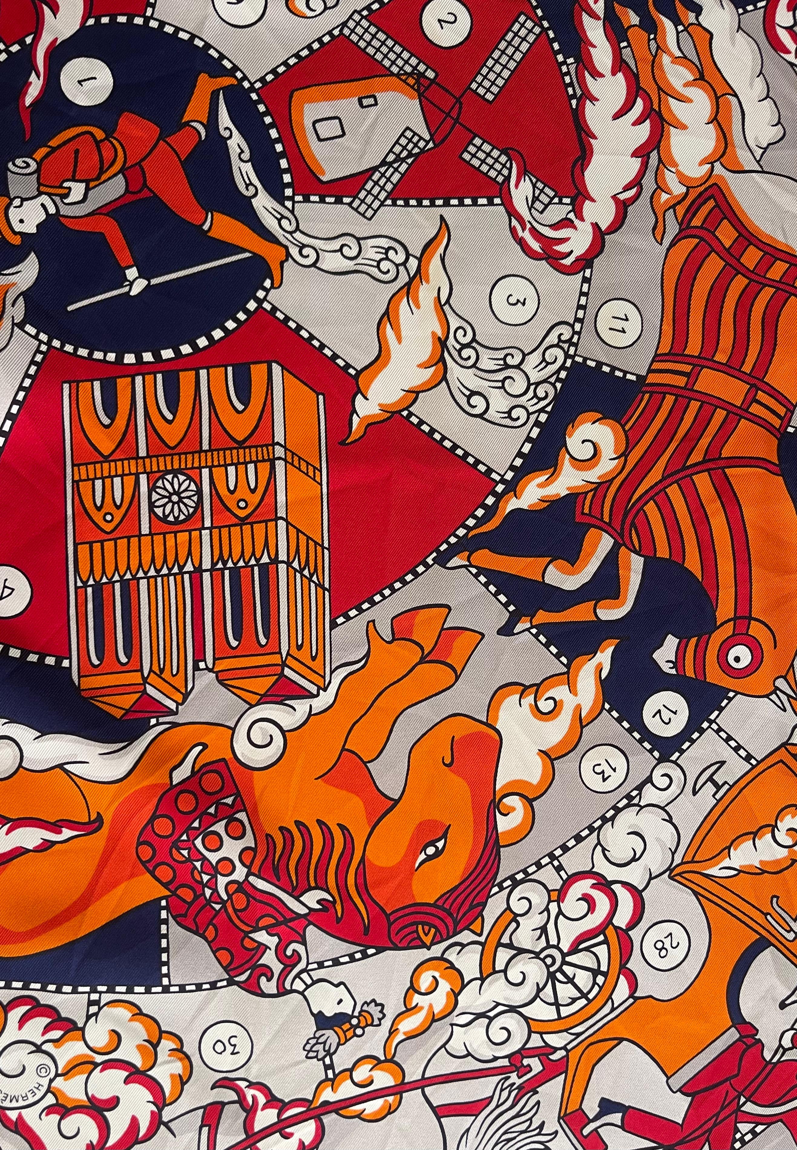 Hermès Silk Scarf Maxi Twilly « L’Artificier », was designed by Jan Bajtlik. This beautiful scarf has unique creative designs and can be considered a collectible, making this a really sought after piece among collectors. Can be worn as a head scarf,