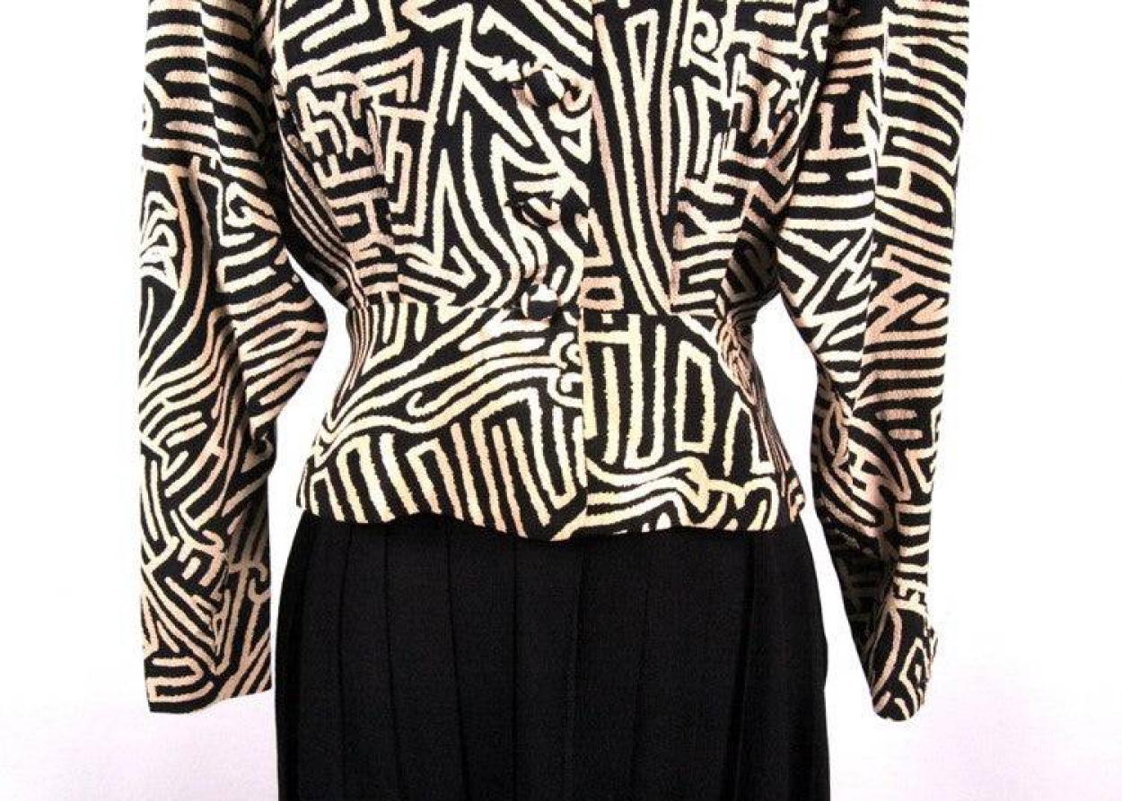 Hermès Maze Print Black Taupe Silk Wool Crepe Peplum Blouse + Pleated Skirt Set For Sale 1