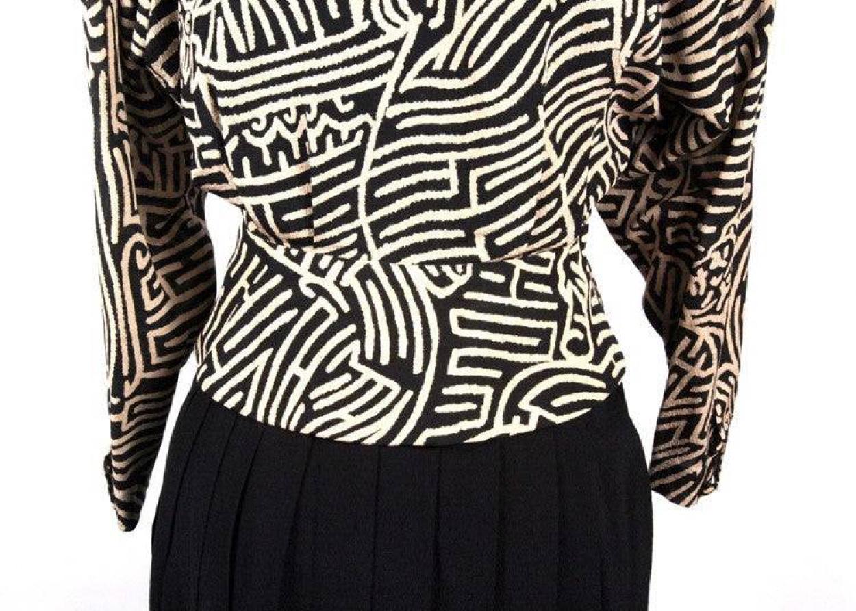 Hermès Maze Print Black Taupe Silk Wool Crepe Peplum Blouse + Pleated Skirt Set For Sale 2