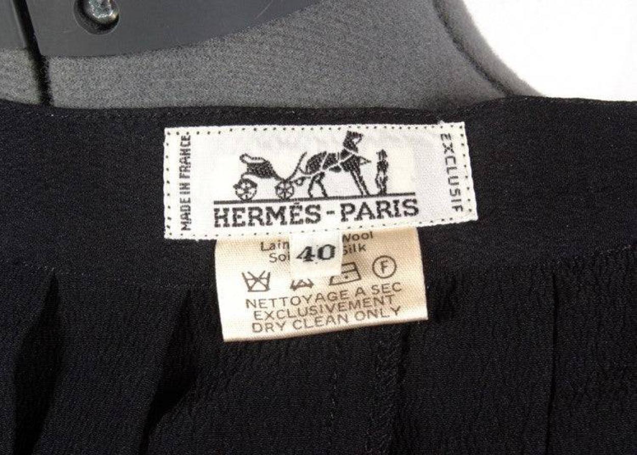 Hermès Maze Print Black Taupe Silk Wool Crepe Peplum Blouse + Pleated Skirt Set For Sale 5