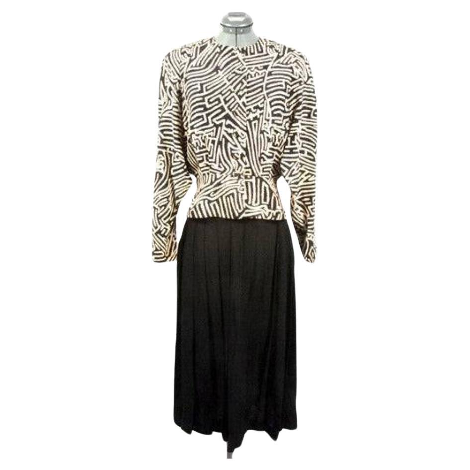 Hermès Maze Print Black Taupe Silk Wool Crepe Peplum Blouse + Pleated Skirt Set For Sale