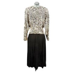 Hermès Maze Print Black Taupe Silk Wool Crepe Peplum Blouse + Pleated Skirt Set