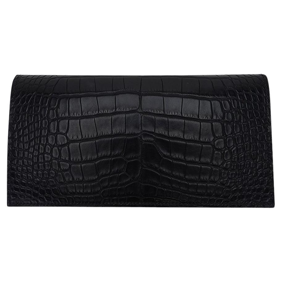 Fleming Long Wallet von Hermès MC2 aus mattem schwarzem Alligatorleder