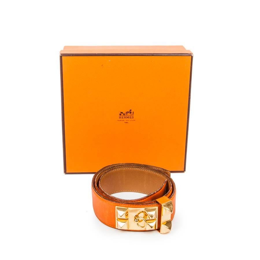 HERMES 'Médor' Vintage Belt in Orange Courchevel Leather Size 76 1