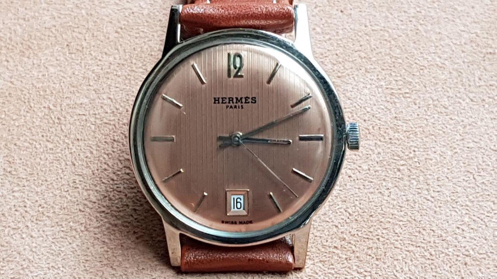 Metalwork Hermes Mechanical Watch, 1954, Champagne Rosé Dial, France For Sale