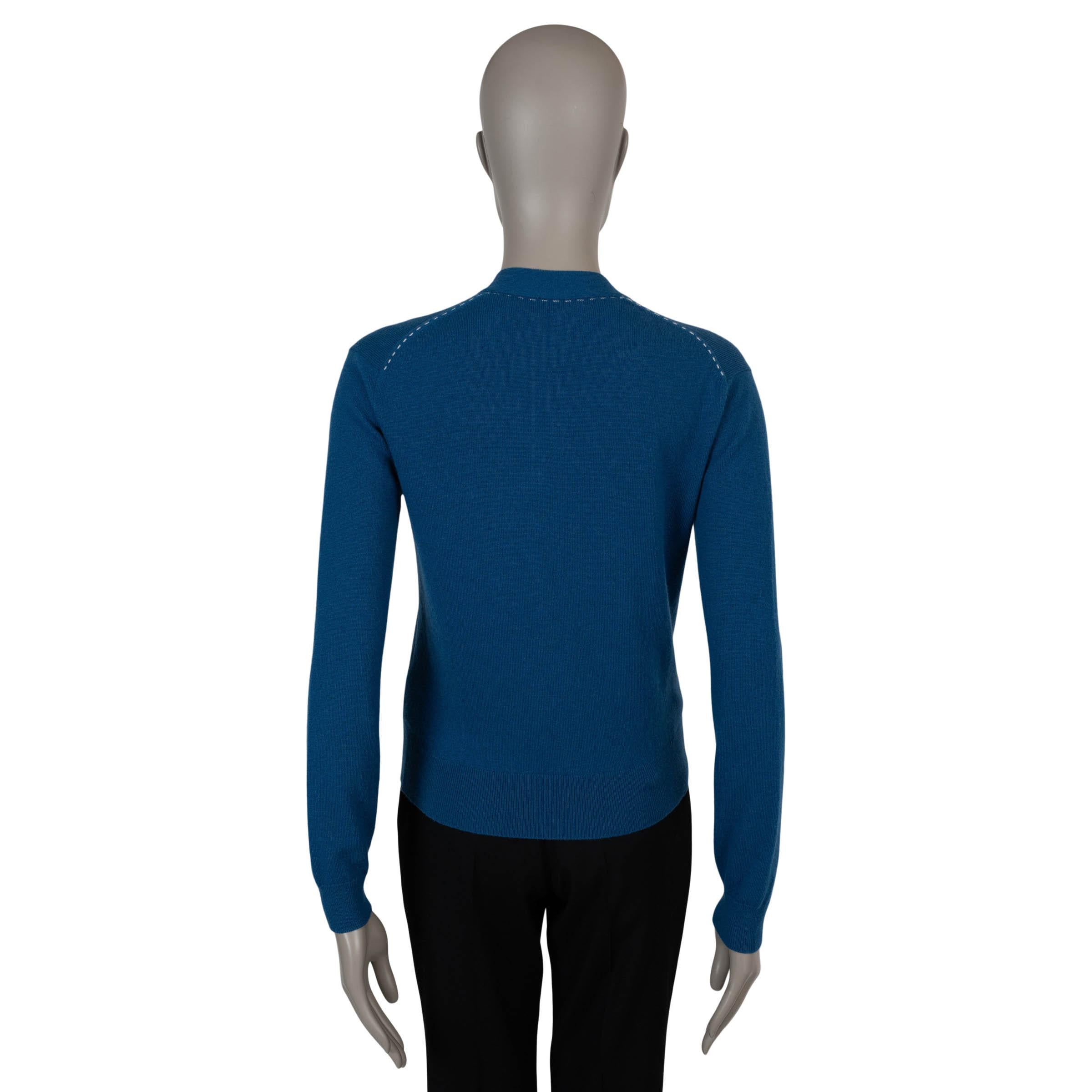 De las mujeres HERMES azul medio cachemira TOP STITCHING Cárdigan Jersey 34 XXS en venta