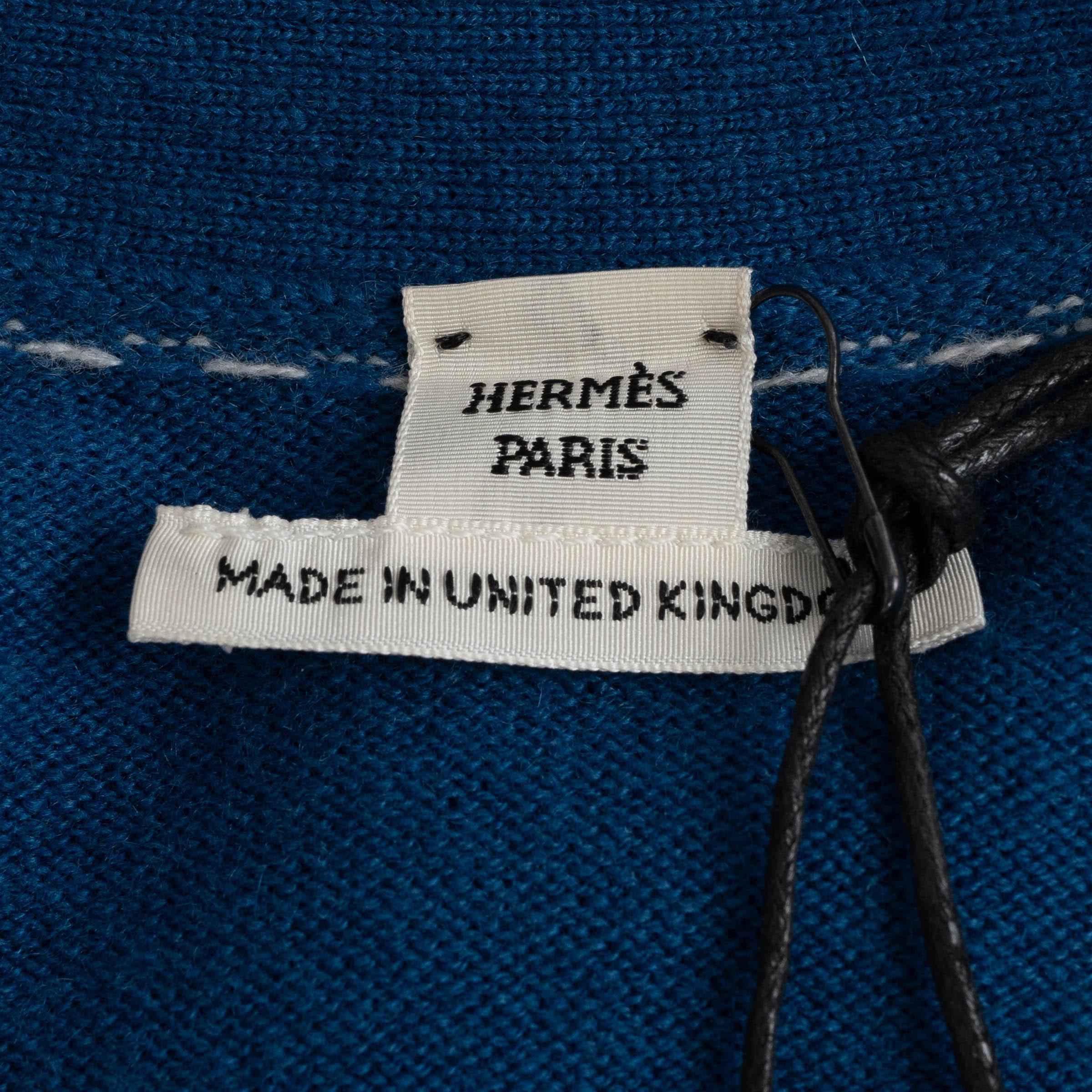 HERMES azul medio cachemira TOP STITCHING Cárdigan Jersey 34 XXS en venta 3