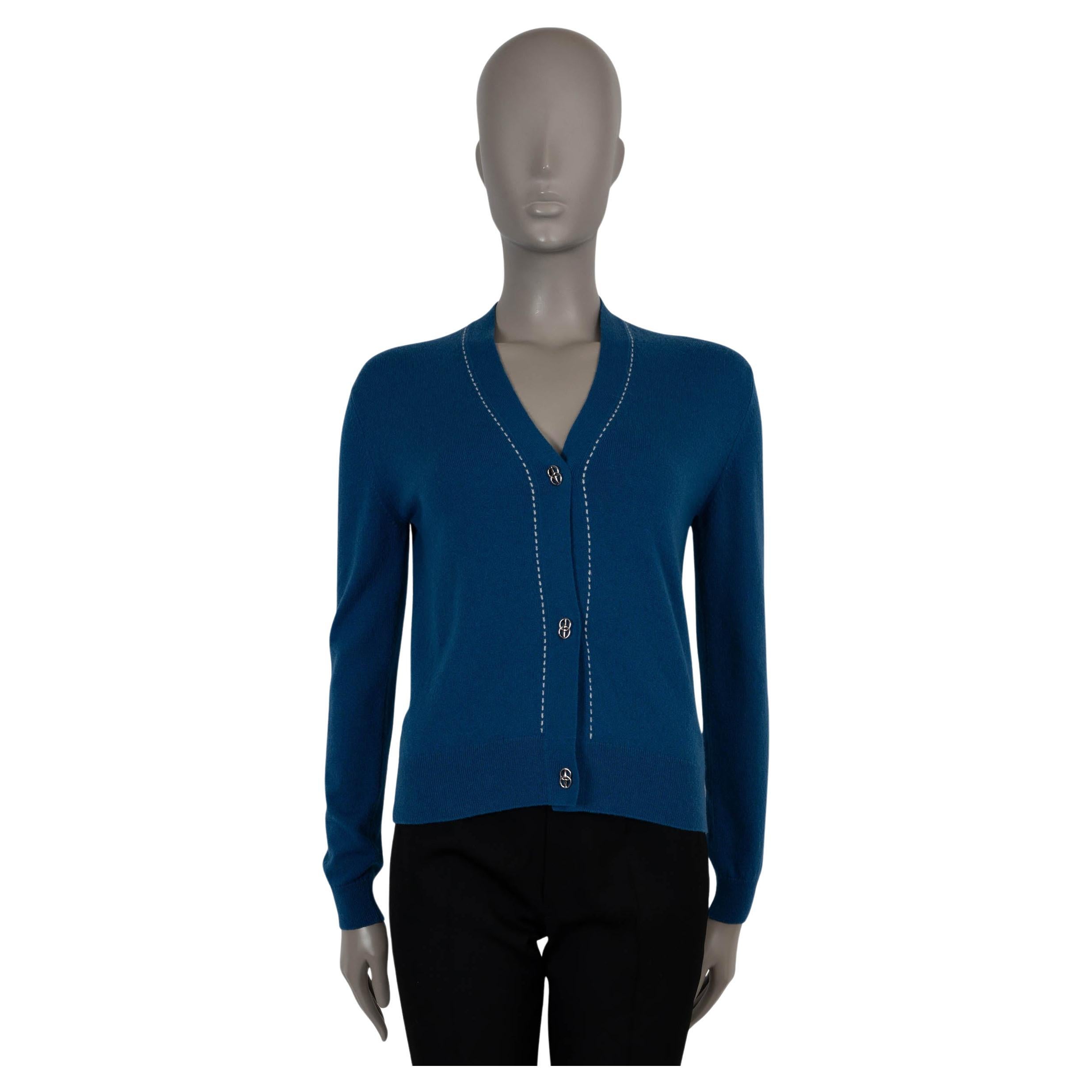 HERMES azul medio cachemira TOP STITCHING Cárdigan Jersey 34 XXS en venta