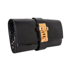 Hermes Medor 23 Clutch Bag Black Alligator Gold Hardware