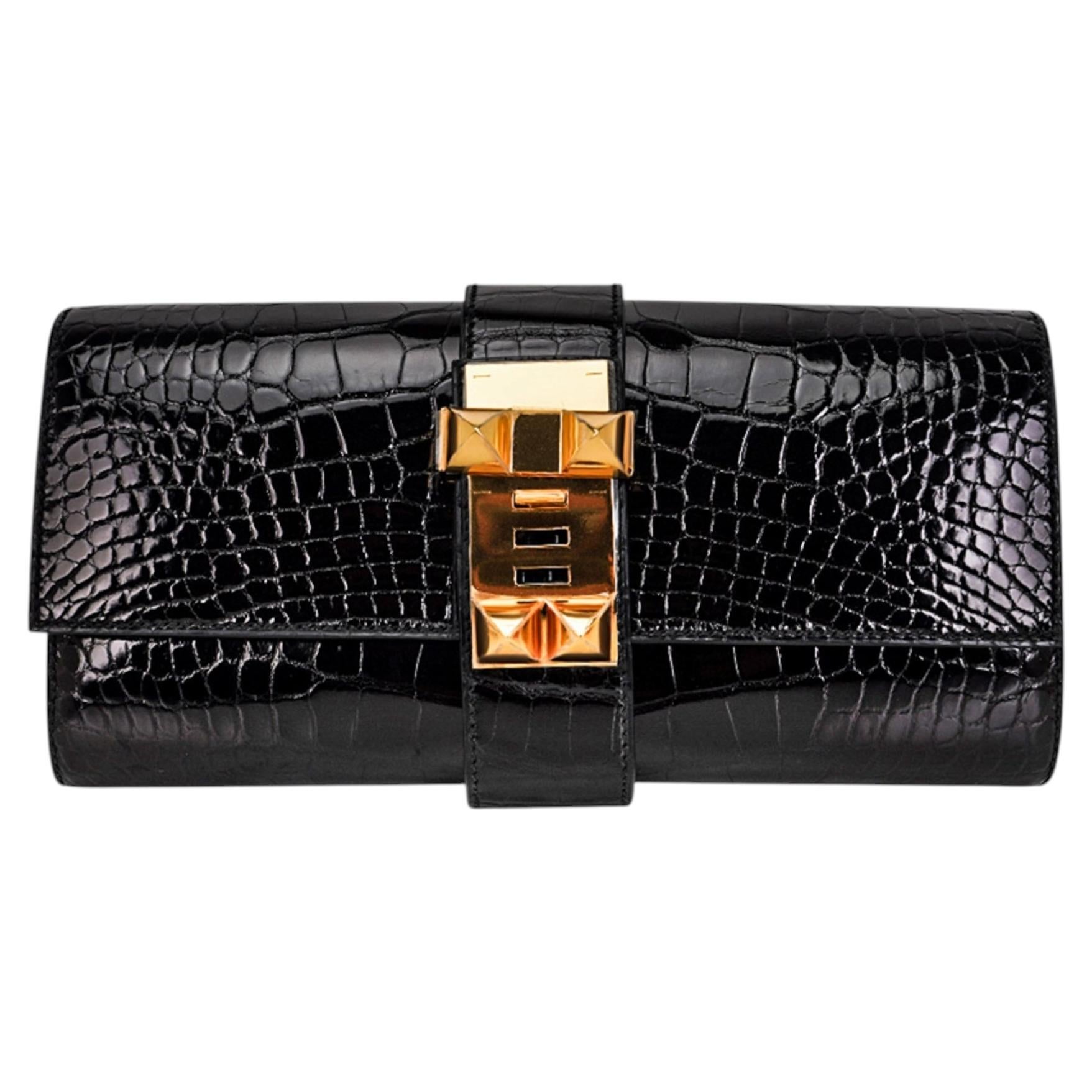 Hermes Medor 23 Clutch Bag Black Alligator Gold Hardware