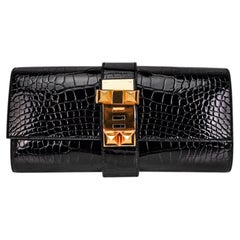 Hermes Medor 23 Clutch Bag Black Alligator Gold Hardware