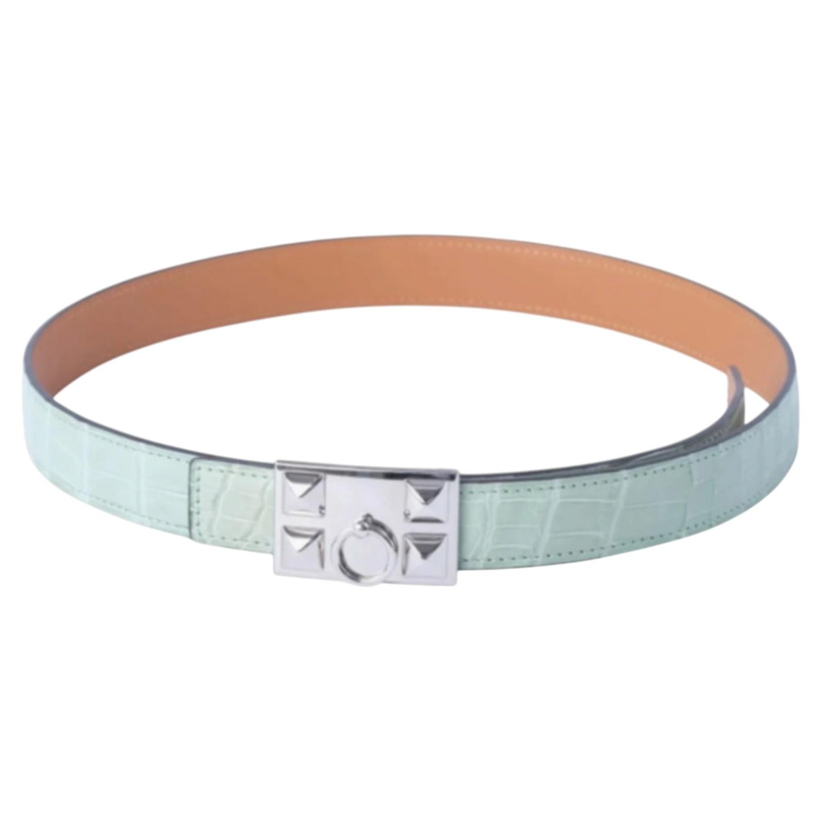 Ceinture Médor Hermès en alligator mat Vert d'Eau et quincaillerie Palladium - Années 10