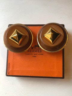 Hermes  Medor Bronze Leather & Gold Tone Pyramid Stud Clip Earrings In Box