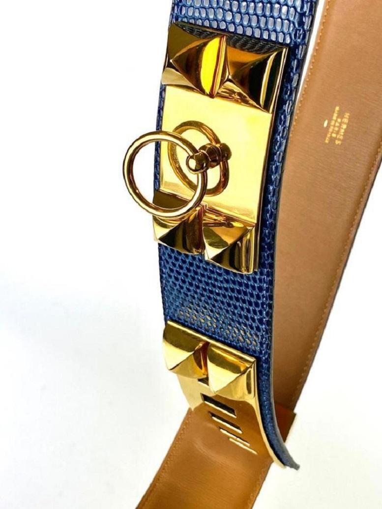 Hermès Medor CDC Collier de Chien Lizard Blue Belt Gold Stud Spike 5he0 For Sale 2