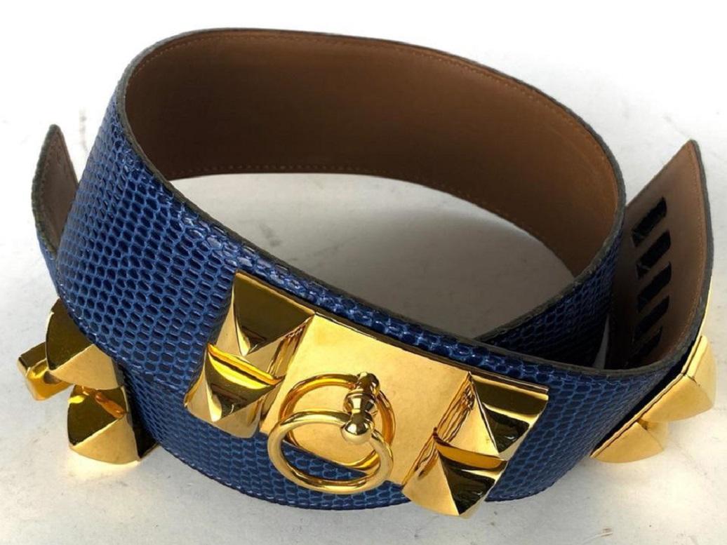 Hermès Medor CDC Collier de Chien Lizard Blue Belt Gold Stud Spike 5he0 For Sale 4