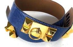 Hermès Medor CDC Collier de Chien Lizard Blue Belt Gold Stud Spike 5he0
