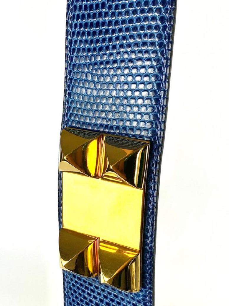 Hermès Medor CDC Collier de Chien Lizard Blue Belt Gold Stud Spike 5he0 In Good Condition For Sale In Dix hills, NY
