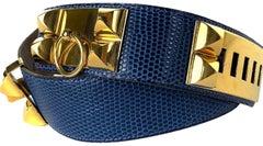 Vintage Hermès Medor CDC Collier de Chien Lizard Blue Belt Gold Stud Spike 5he0
