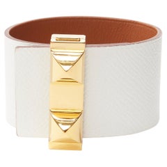 HERMES Medor gold plated brass white leather cuff M