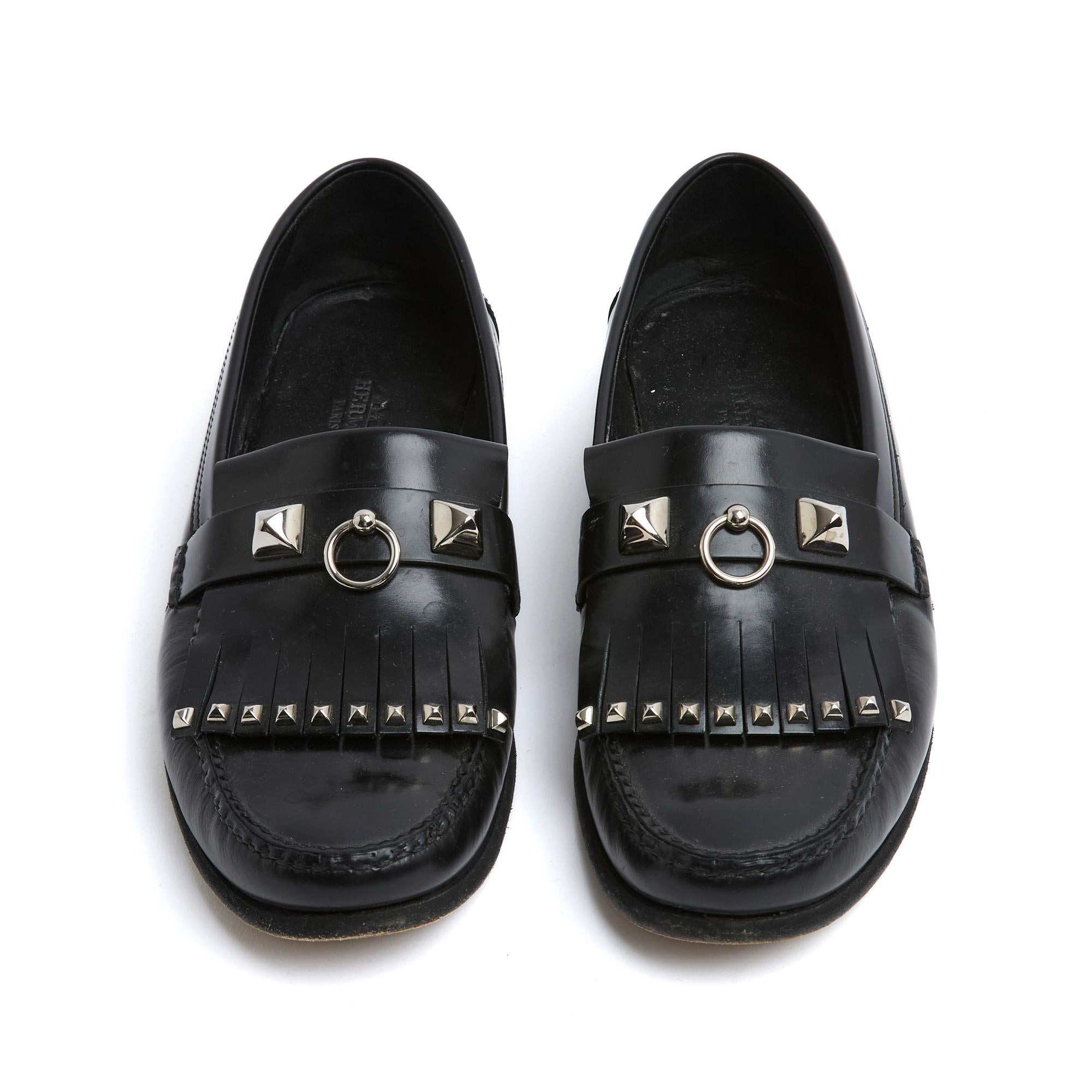 Noir Hermes Medor Mocassins EU37 Loafers Collier de Chien US6.5 UK4 en vente