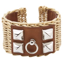 Bracelet manchette Hermès Medor Picnic en cuir de raphia plaqué Palladium S