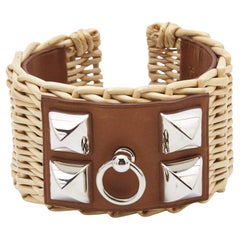 Hermès Medor Picnic Raffia Leather Palladium Plated Cuff Bracelet S