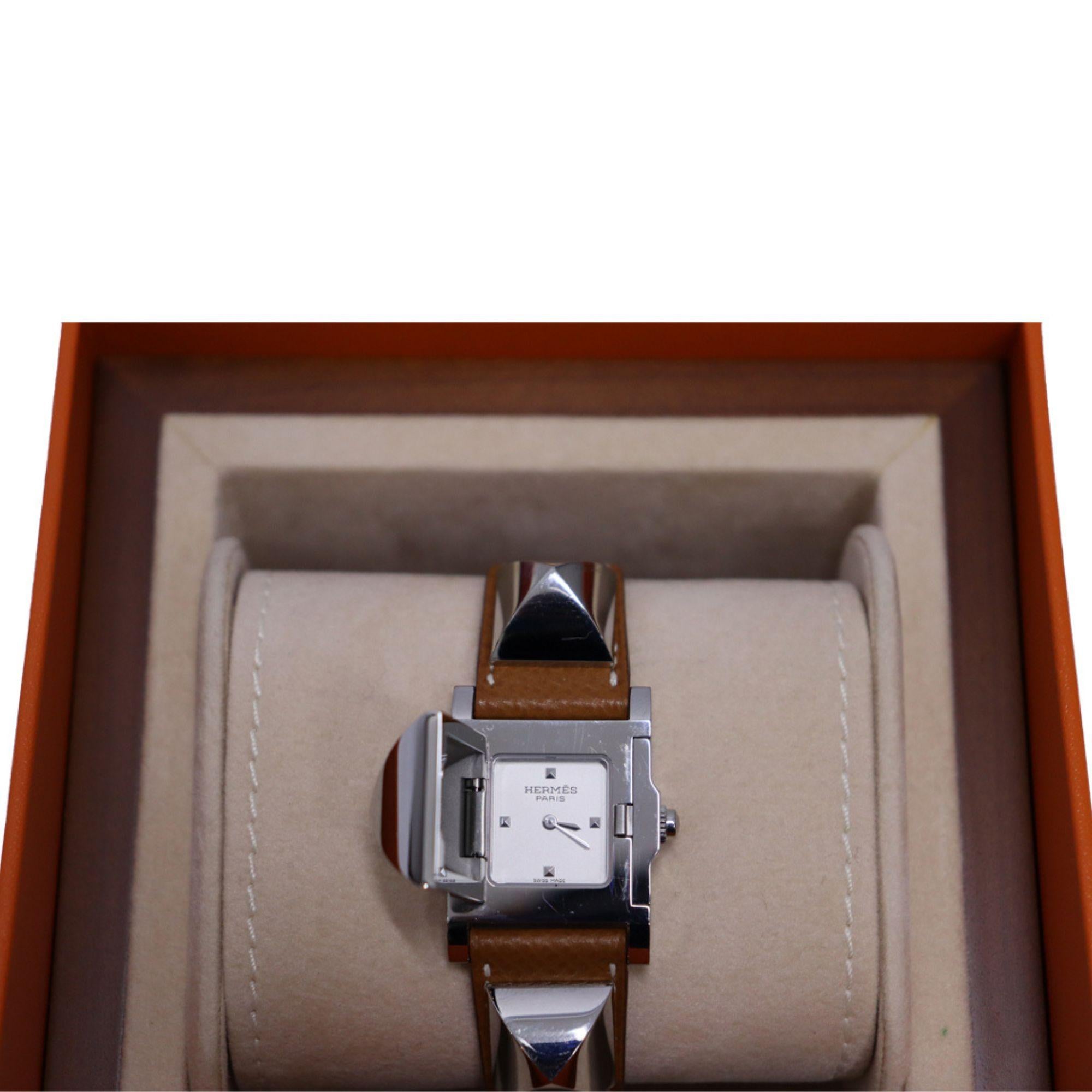 Contemporary Hermès Medor Steel Barenia Leather Wrist Watch