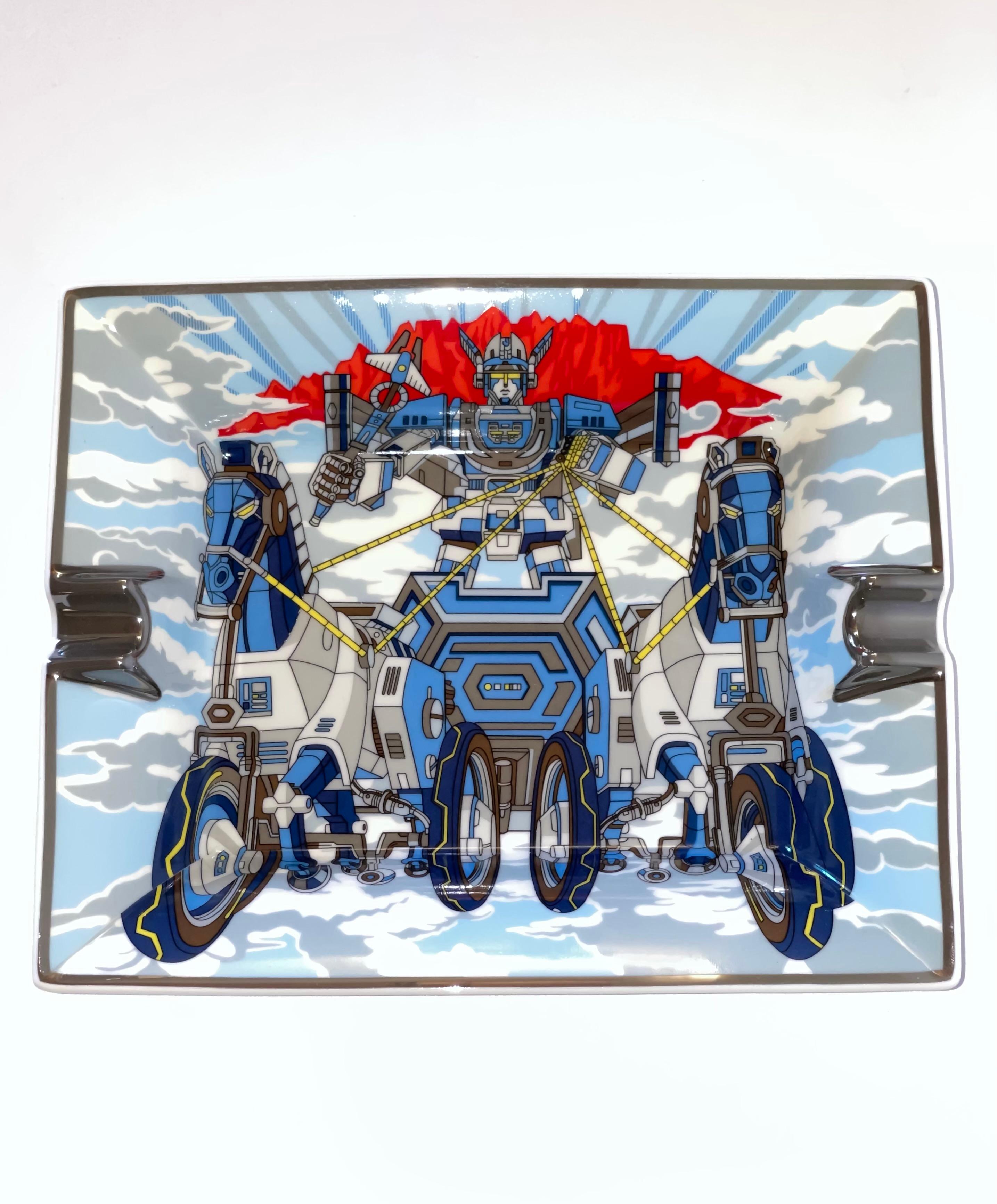 Hermes Mega Chariot rectangular porcelain ashtray, decorated using chromolithography in blue cobalt and silver colorway, with the notches and the contour fillet hand painted platinum, and base protected by velvet goatskin, can also be used as vide