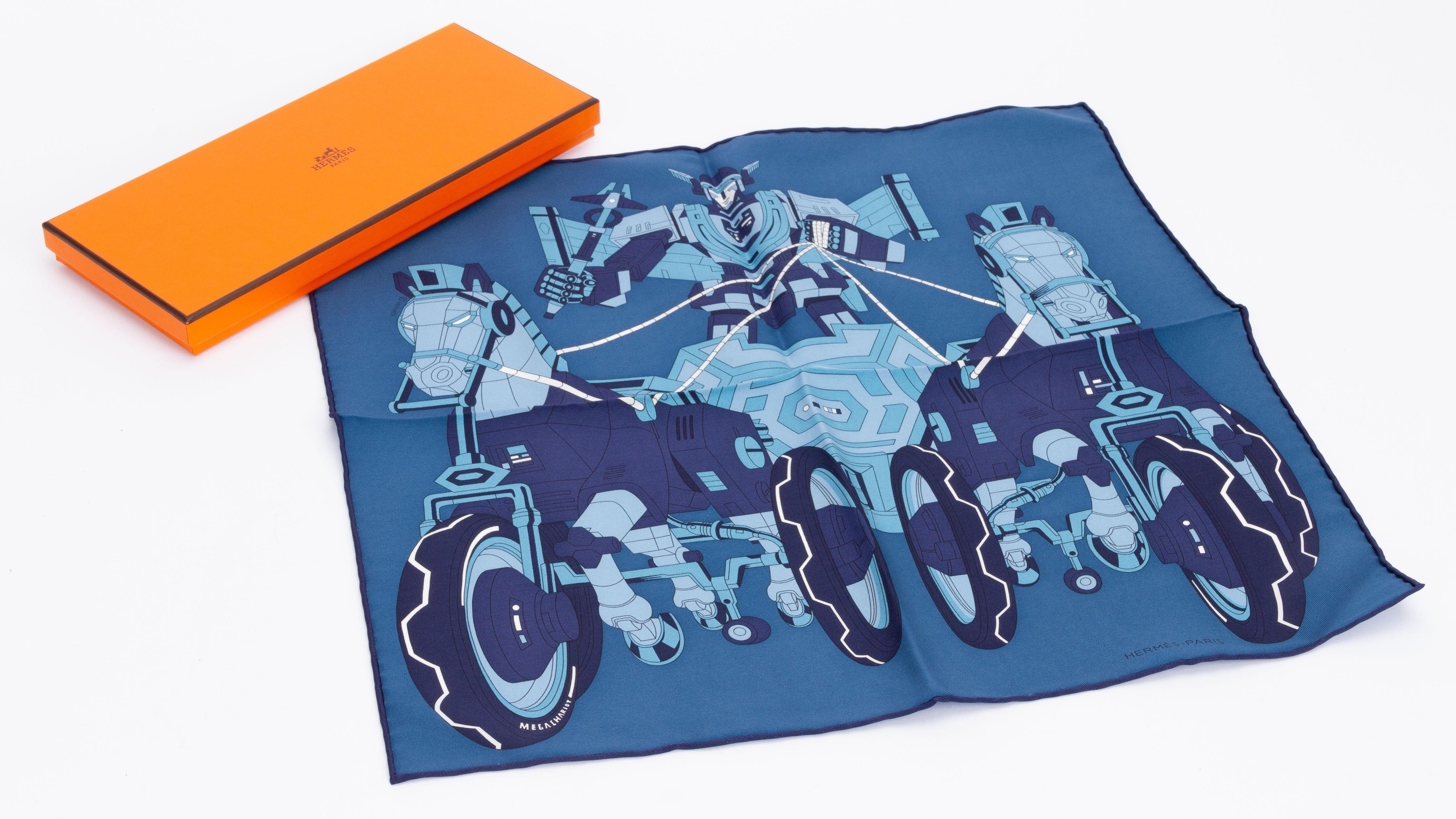 Hermès Mega Chariot by Daisuke Nomura Scarf. Nomura was inspired by a children's horse tricycle from the Emile Hermes collection. He shows the god Hermes who is said to have taken Apollo's chariot without permission. Transformed into a robot, the