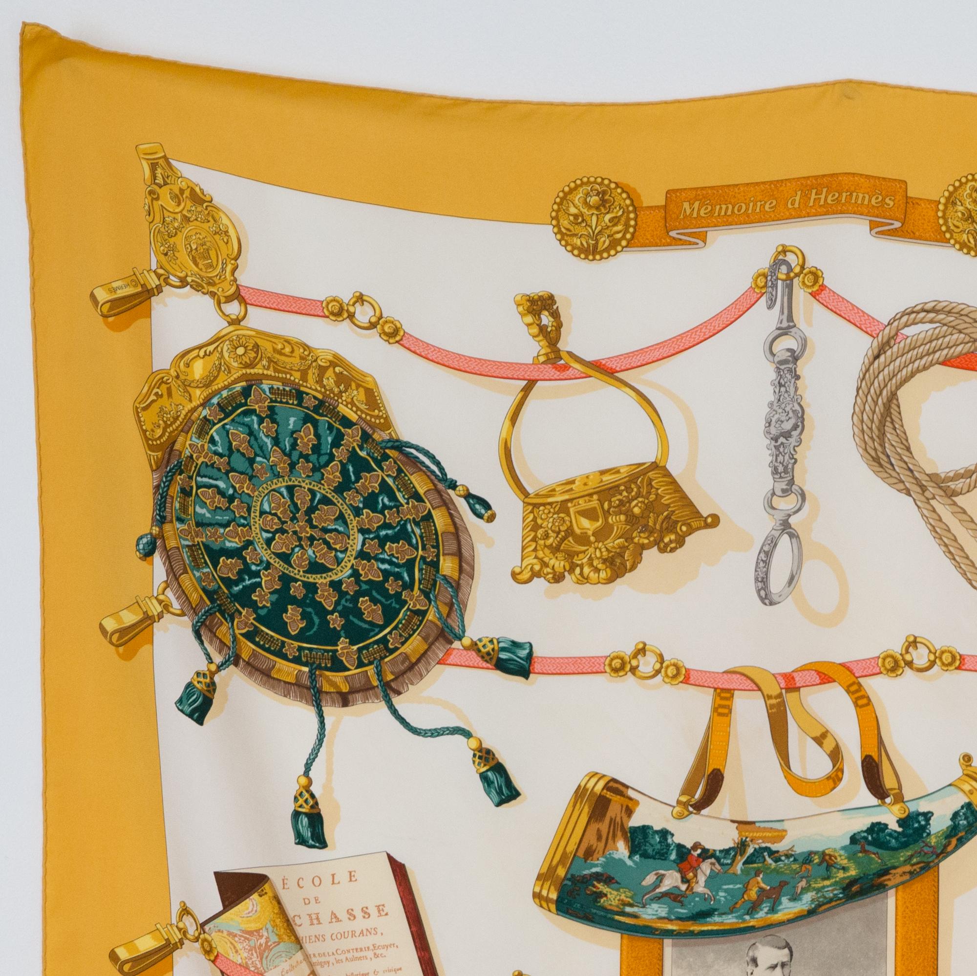 Hermes silk scarf Memoire d Hermes by Latham featuring a yellow border,  a scene of various memories of  Thierry Hermes (Hermes founder).
Unic scarf issue: 1997
In excellent vintage condition. Made in France.
35,4in. (90cm)  X 35,4in. (90cm)
We