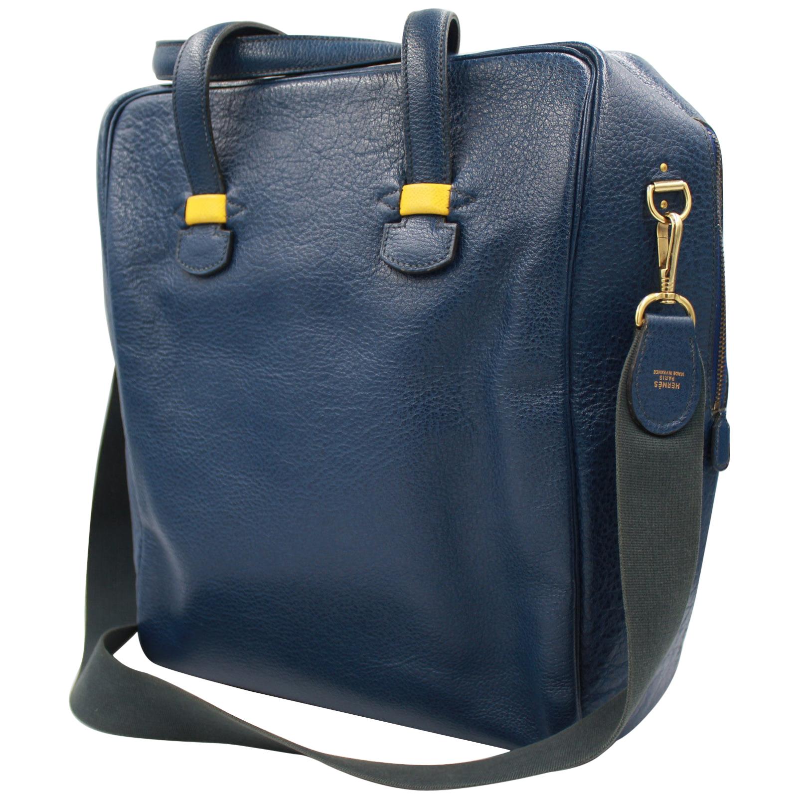 Hermes men handbag in blue leather For Sale