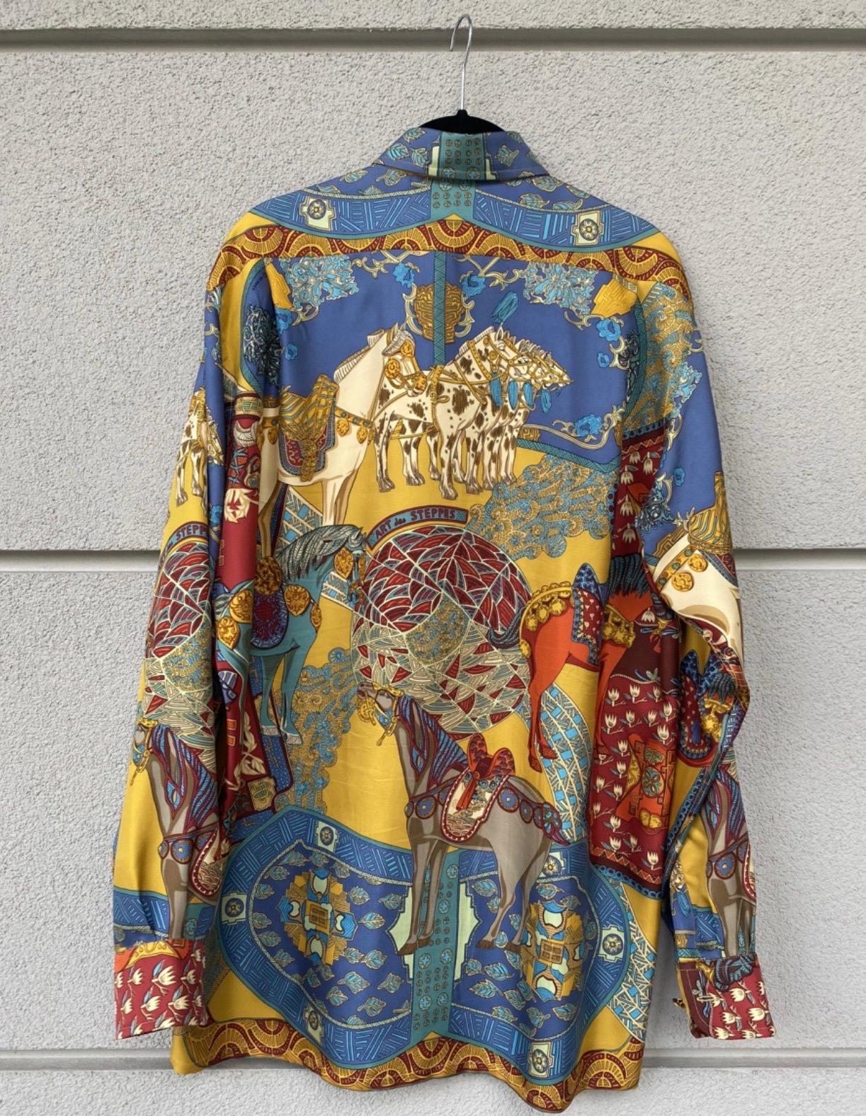 Brown Hermes men horses pattern Silk Shirt