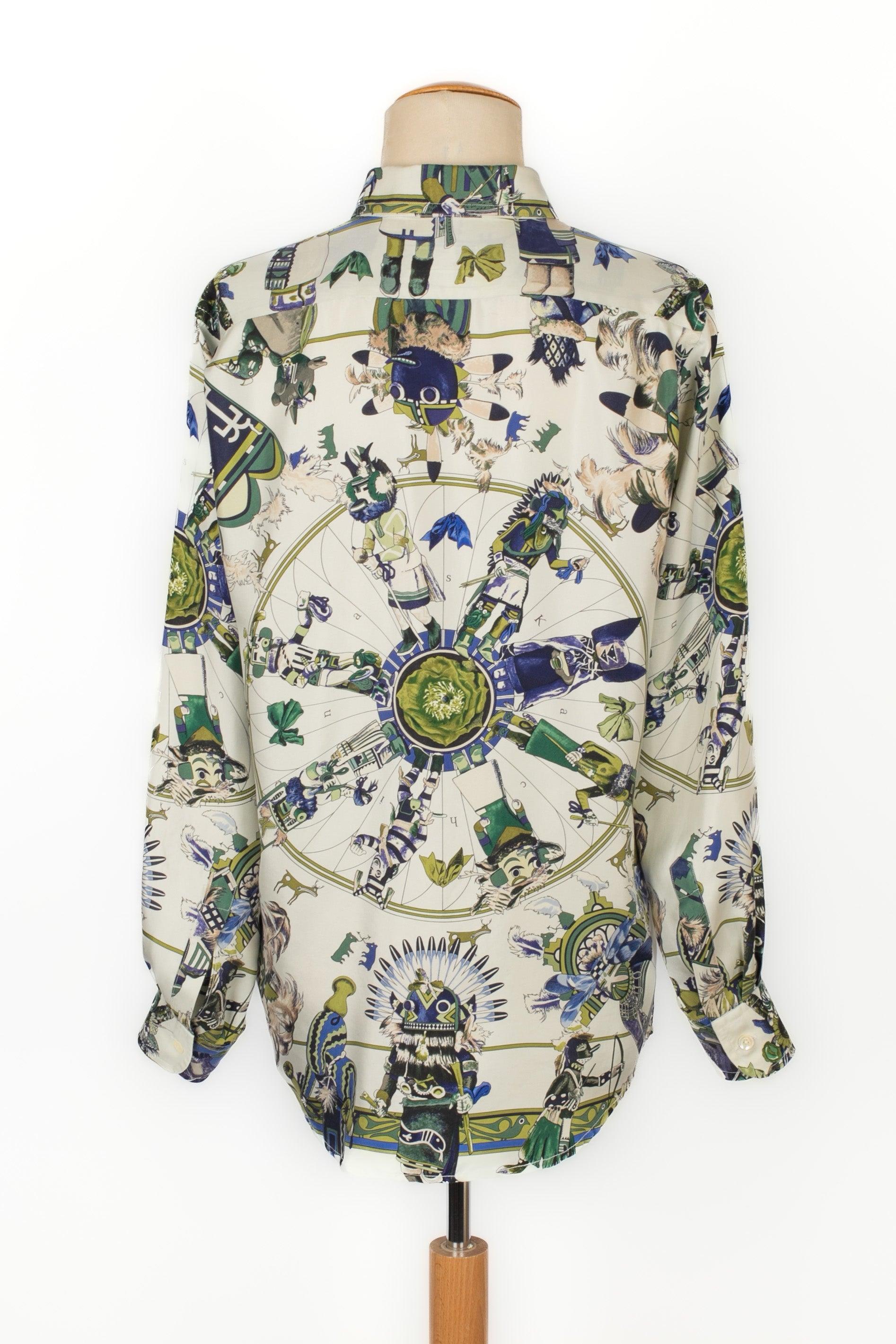 Brown Hermès Men Patterned Silk Shirt 'Kachinas' For Sale
