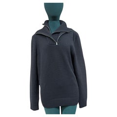 Hermes Uomo XL Navy Cashmere Doppio Strato Zip Up Maglione Dolcevita