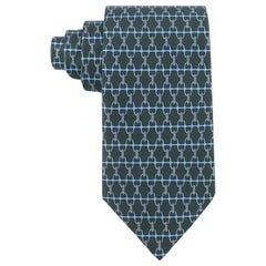 HERMES Men’s 5260 SA 5-Fold Green Blue Grey Stirrup Rope Print Silk Neck Tie 
