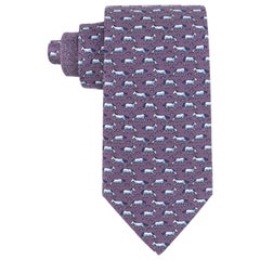 HERMES Men's 5477FA 5-Fold Purple Blue White Horse Print Horseshoe Silk Neck Tie