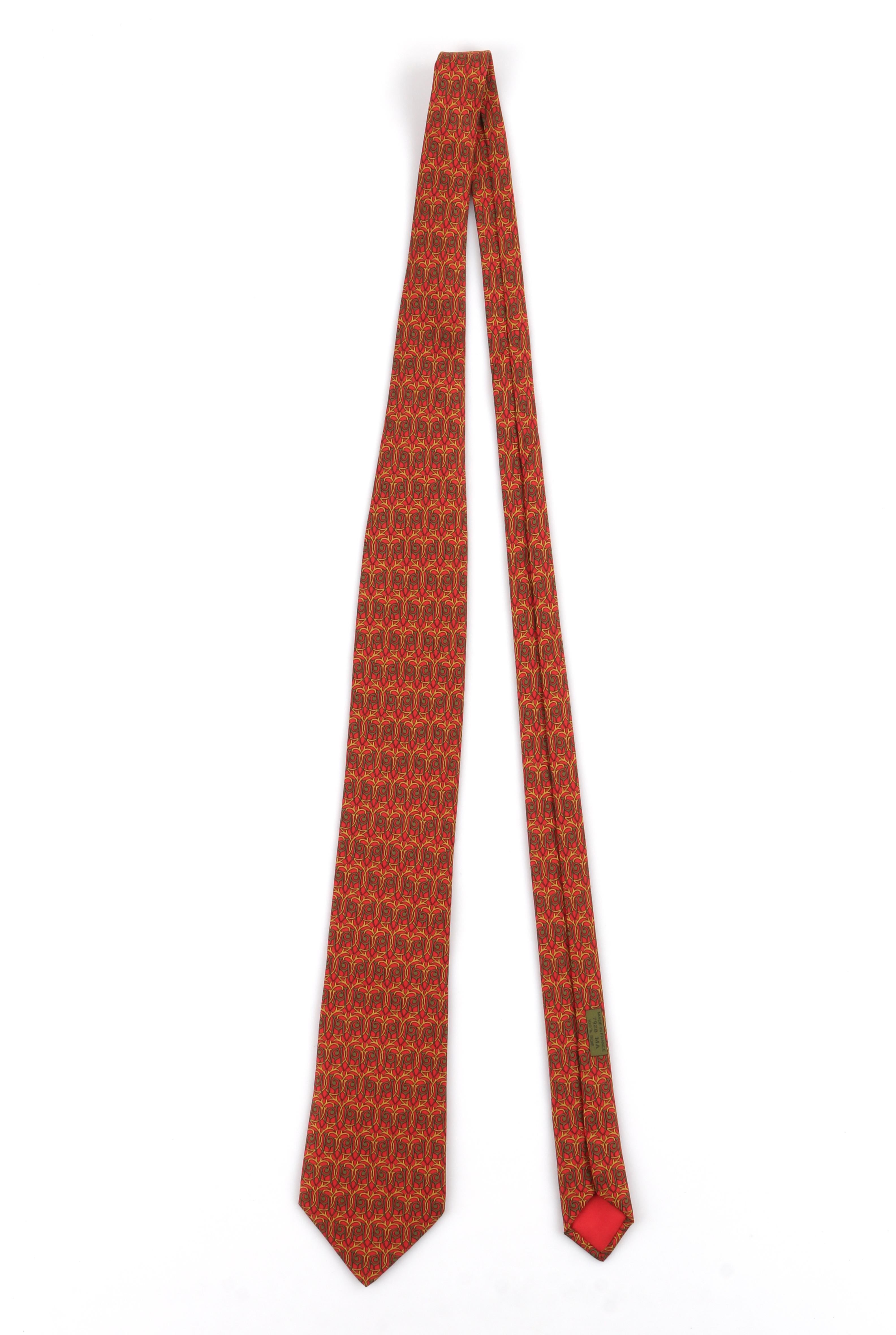 Brown HERMES Men’s 7928 MA 5-Fold Red Green Yellow Intertwine Geometric Print Neck Tie