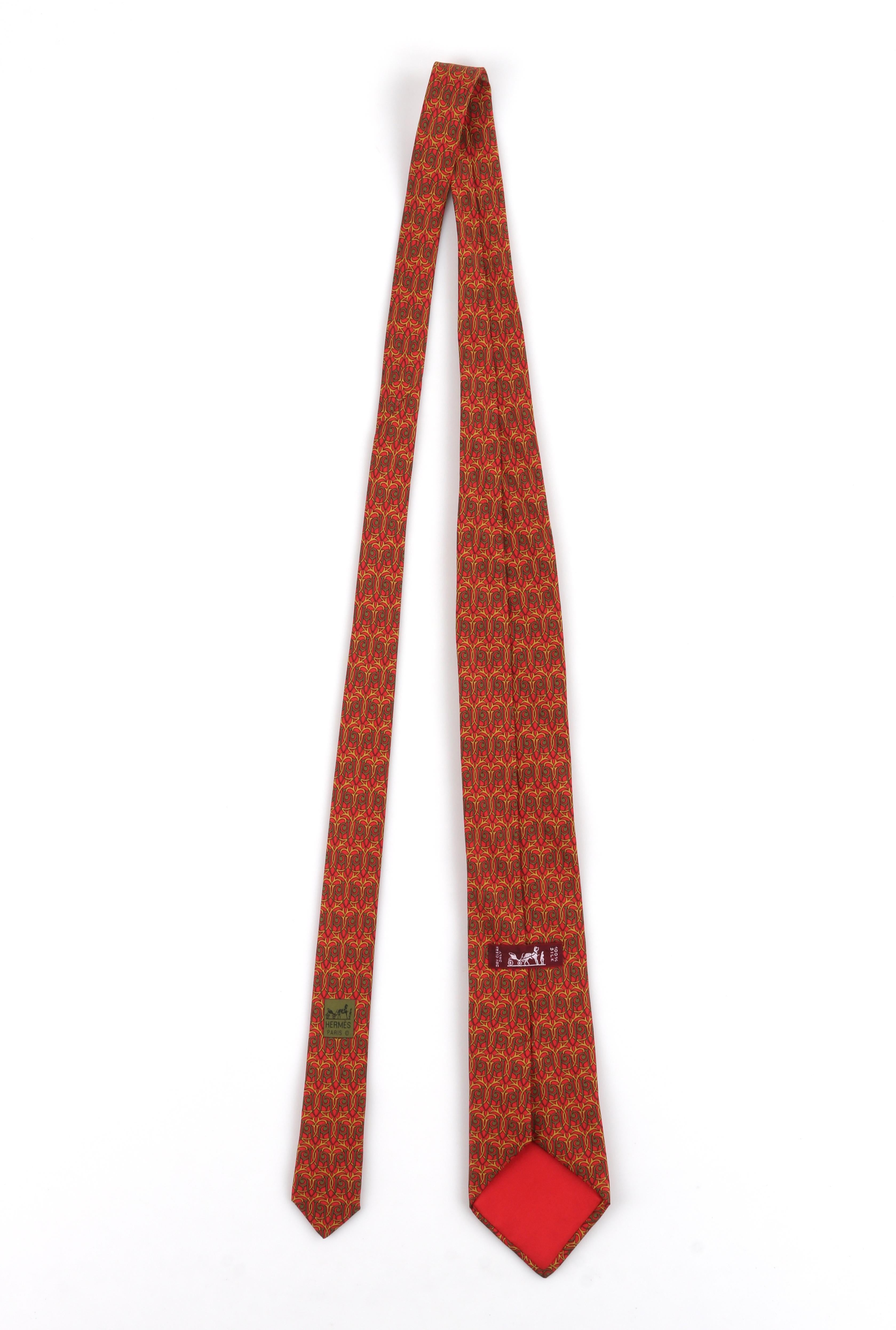 HERMES Men’s 7928 MA 5-Fold Red Green Yellow Intertwine Geometric Print Neck Tie In Good Condition In Thiensville, WI