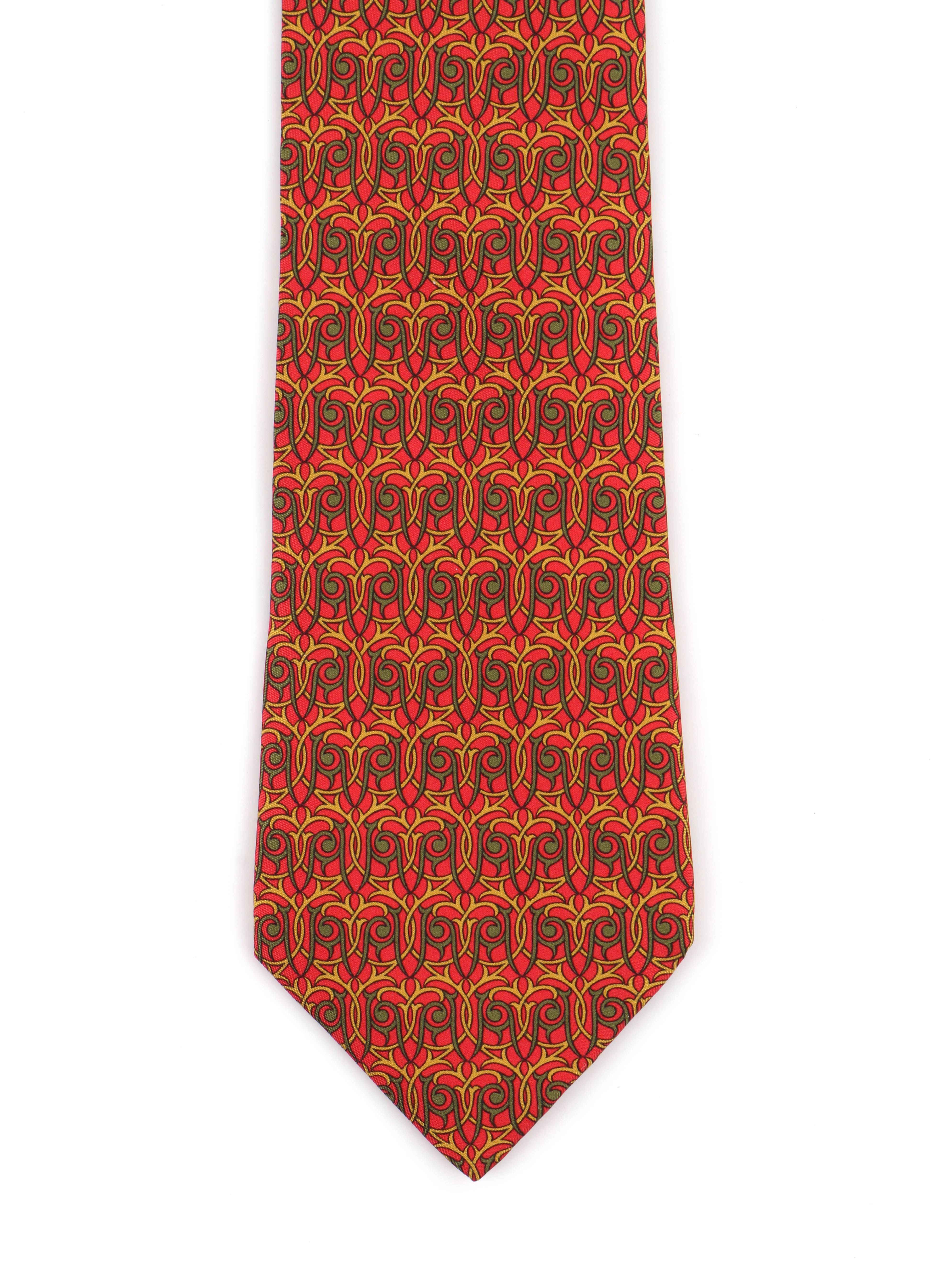 Men's HERMES Men’s 7928 MA 5-Fold Red Green Yellow Intertwine Geometric Print Neck Tie