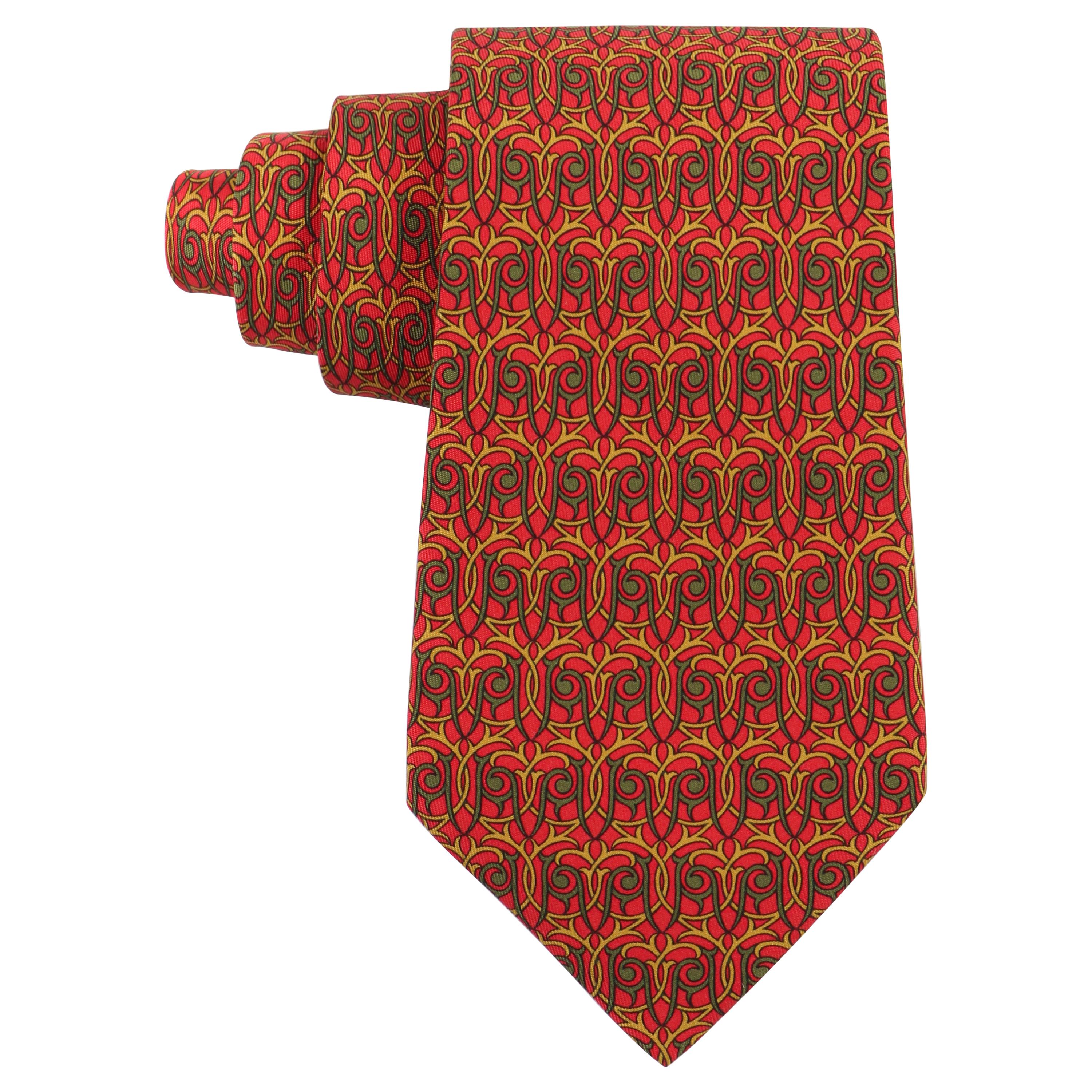 HERMES Men’s 7928 MA 5-Fold Red Green Yellow Intertwine Geometric Print Neck Tie
