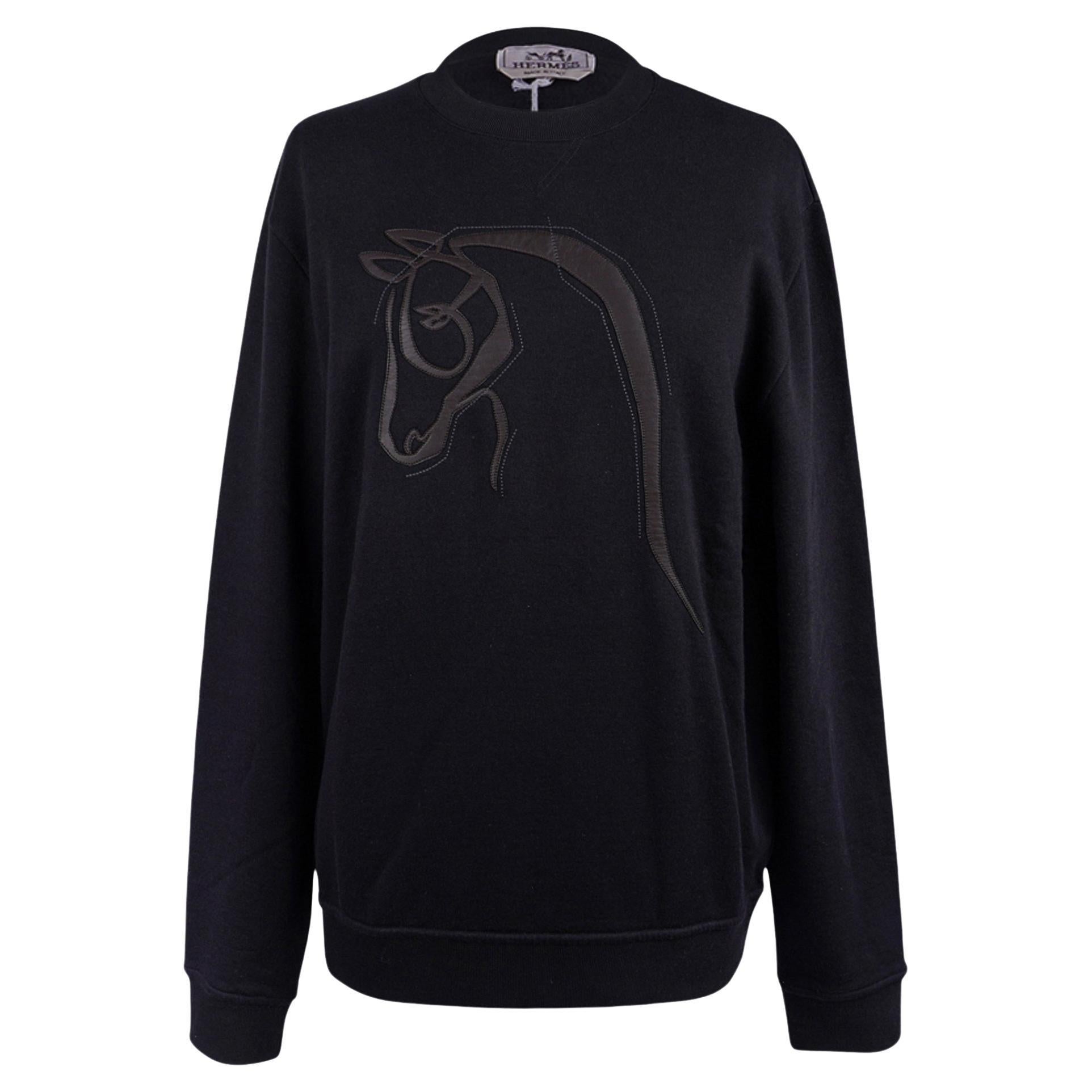 Hermes Men's Black Crewneck Sweater / Cheval au Trait Applique M For Sale
