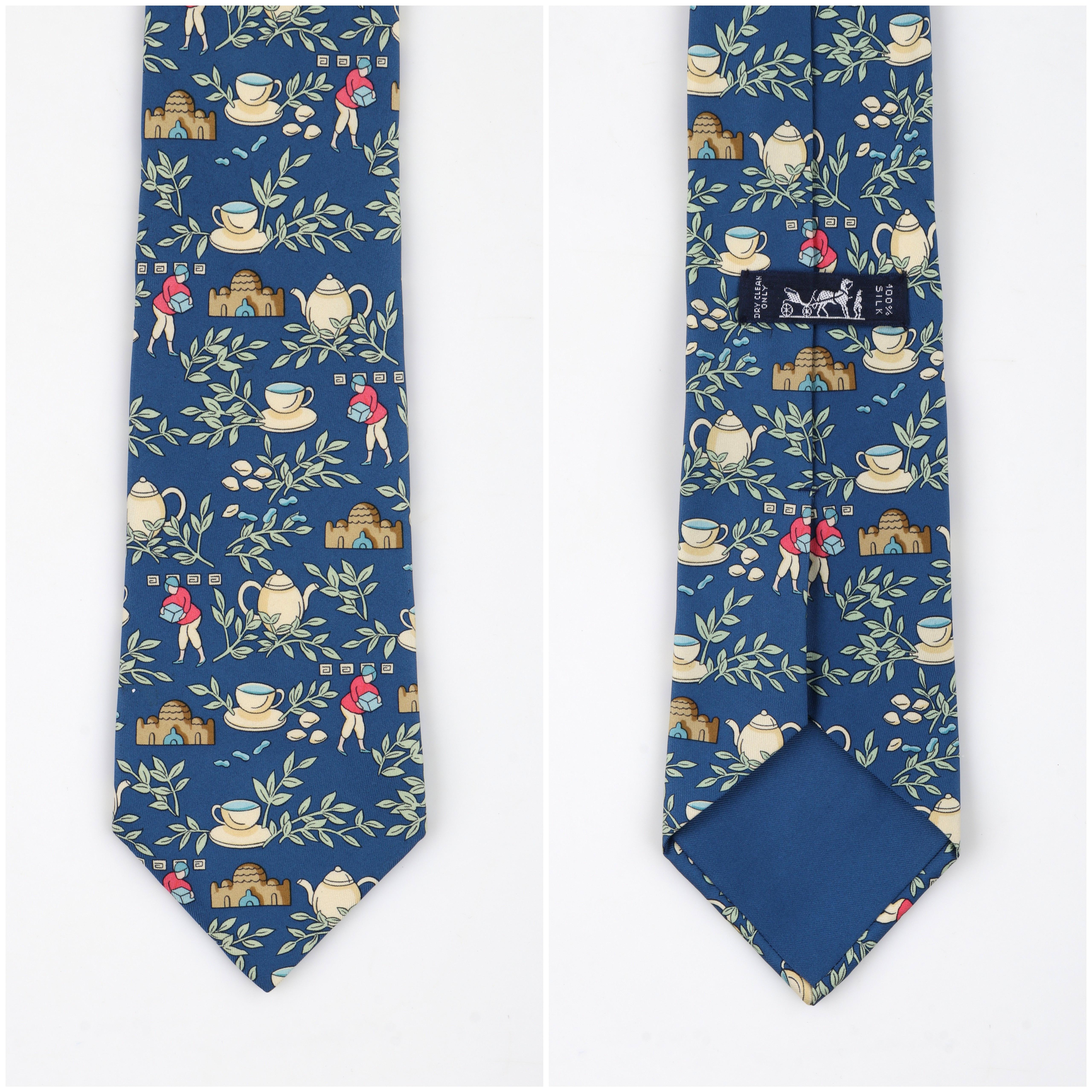 HERMES Men's Blue Multicolor Tea Set & Tea Leaf Branch Silk Necktie Tie 7501 IA 2